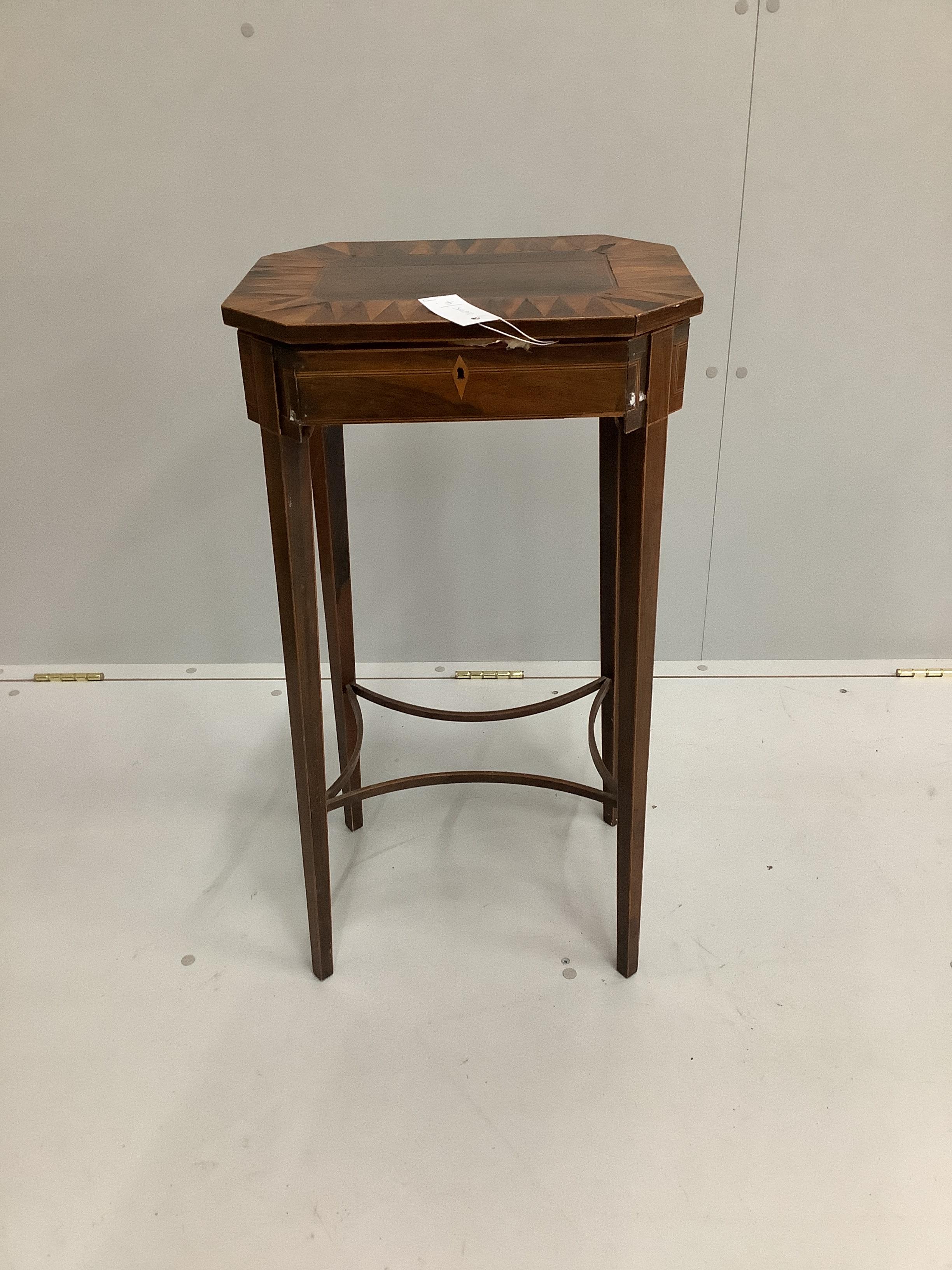 A George IV octagonal parquetry inlaid rosewood work table, width 39cm, depth 31cm, height 74cm